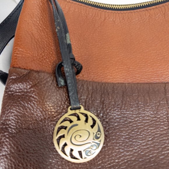 Allo Crossbody Bag Genuine Leather Three Tone Brown Black Medium Boho Purse - Picture 5 of 10